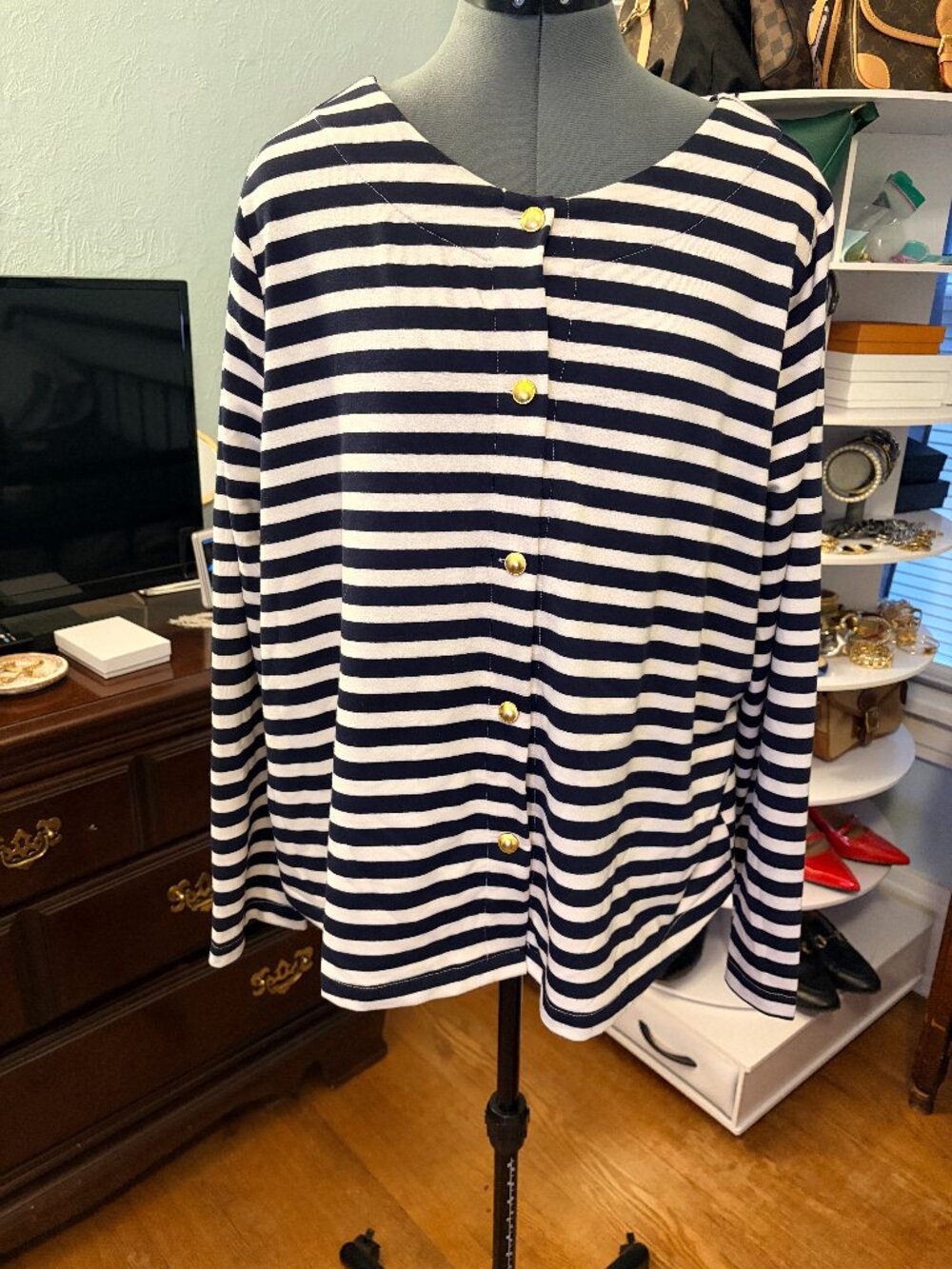 Bobeau Womens 1X Navy White Striped Cardigan Top Gold Button Nautical Coastal